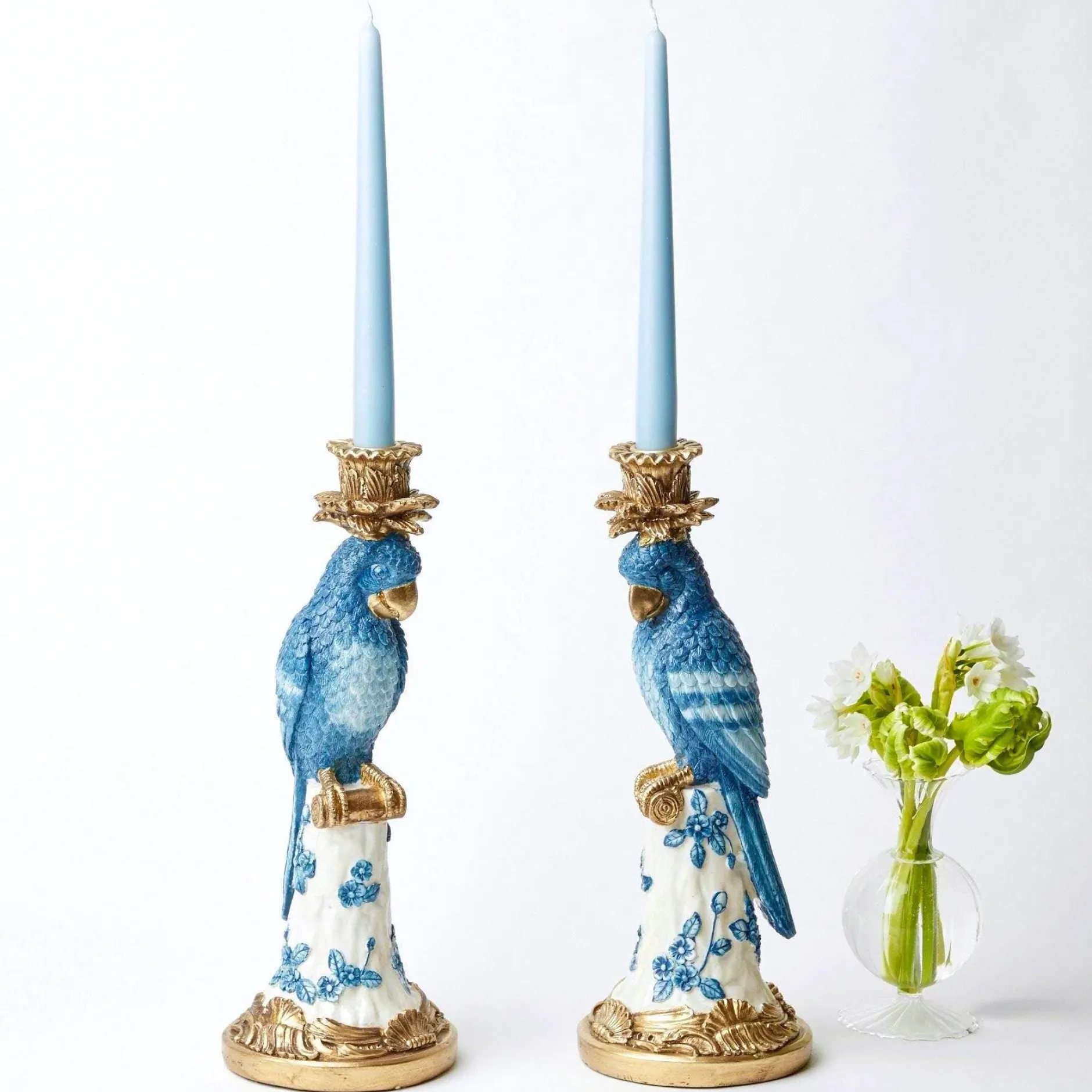 Best Mrs. Alice Blue & White Parrot Candle Holder (Pair)