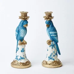 Best Mrs. Alice Blue & White Parrot Candle Holder (Pair)
