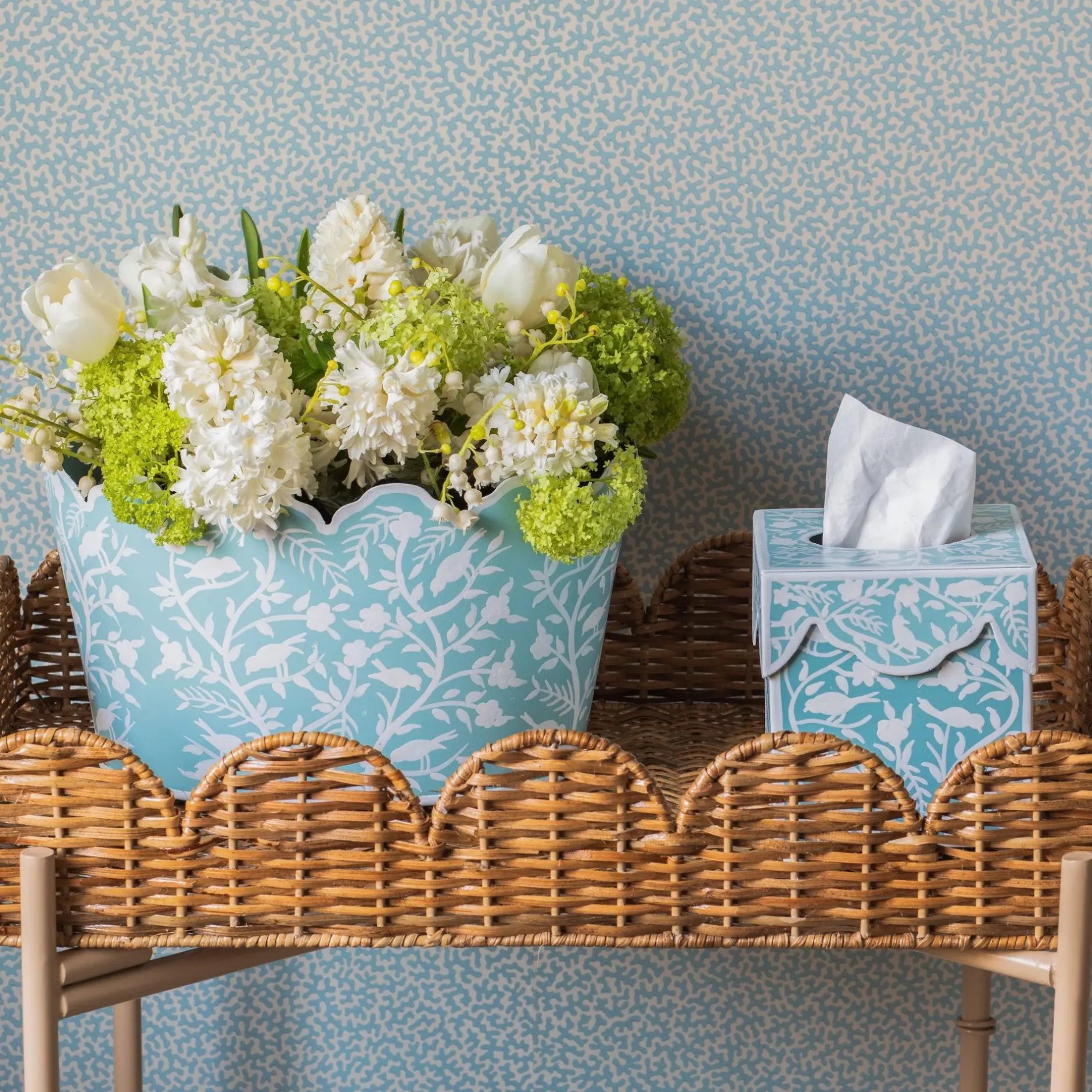 Hot Mrs. Alice Blue Floral Tole Scalloped Planter