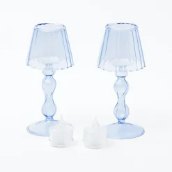 Best Mrs. Alice Blue Glass Lantern Tea Light Holder (Pair) - 18 Cm