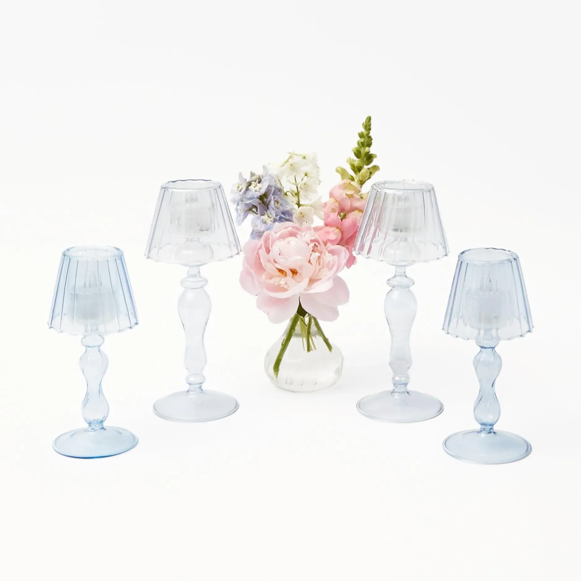 Hot Mrs. Alice Blue Glass Lantern Tea Light Holder Set