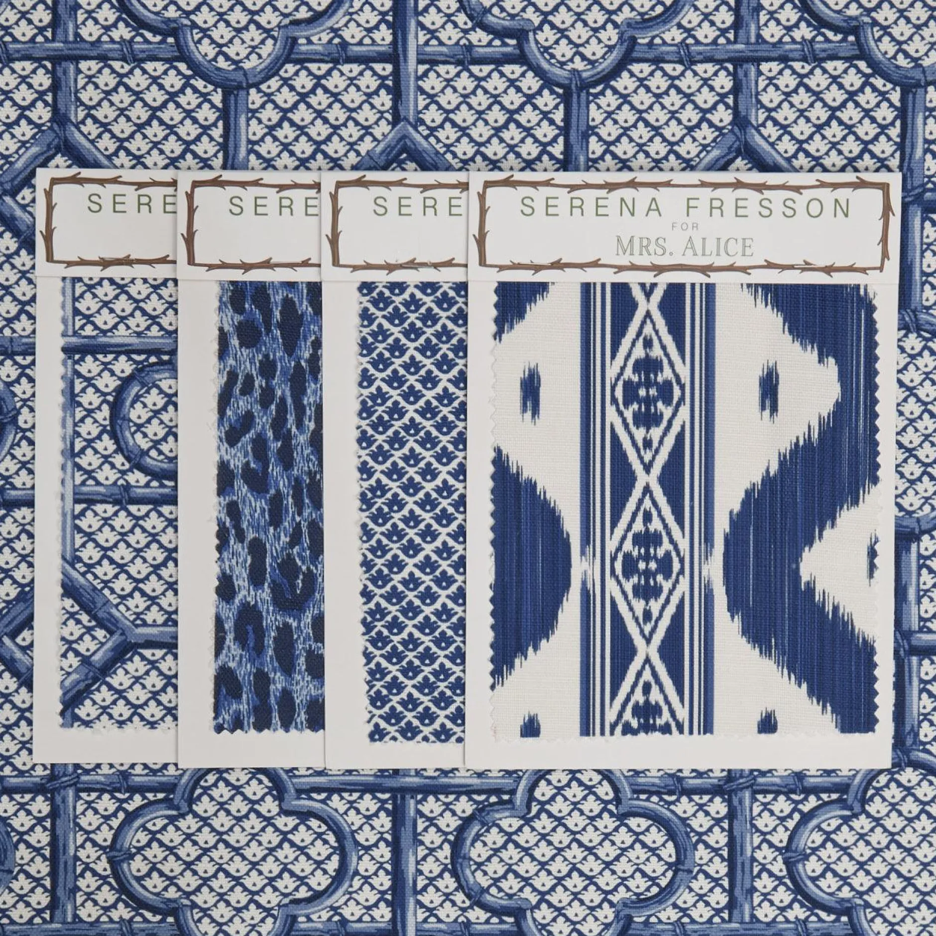 Outlet Mrs. Alice Cobalt Blue Bamboo Trellis Fabric