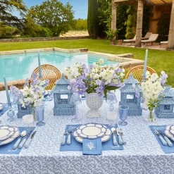 Hot Mrs. Alice Coral Blue Linen Placemats & Napkins (Set Of 4)