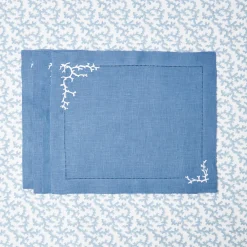Hot Mrs. Alice Coral Blue Linen Placemats & Napkins (Set Of 4)