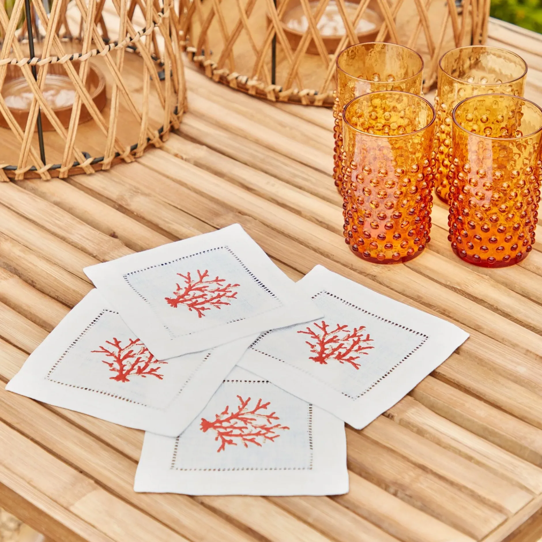 Hot Mrs. Alice Coral Linen Cocktail Napkins (Set Of 4)