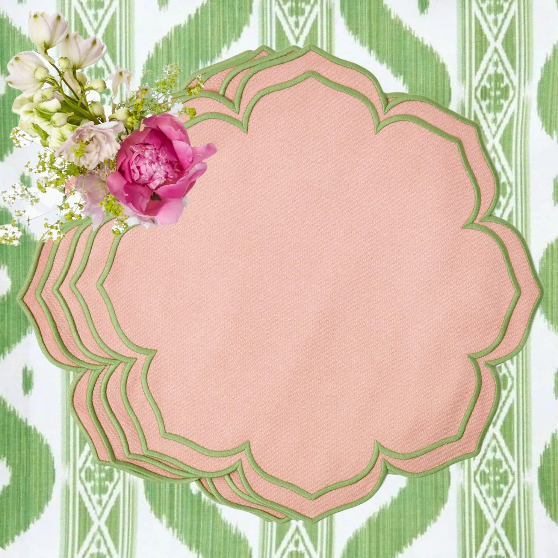 Sale Mrs. Alice Green Ikat & Pink Fleur Linen Set