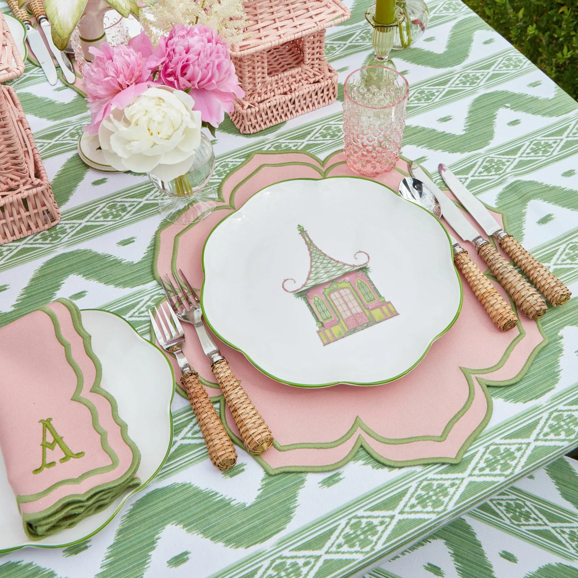 Sale Mrs. Alice Green Ikat & Pink Fleur Linen Set