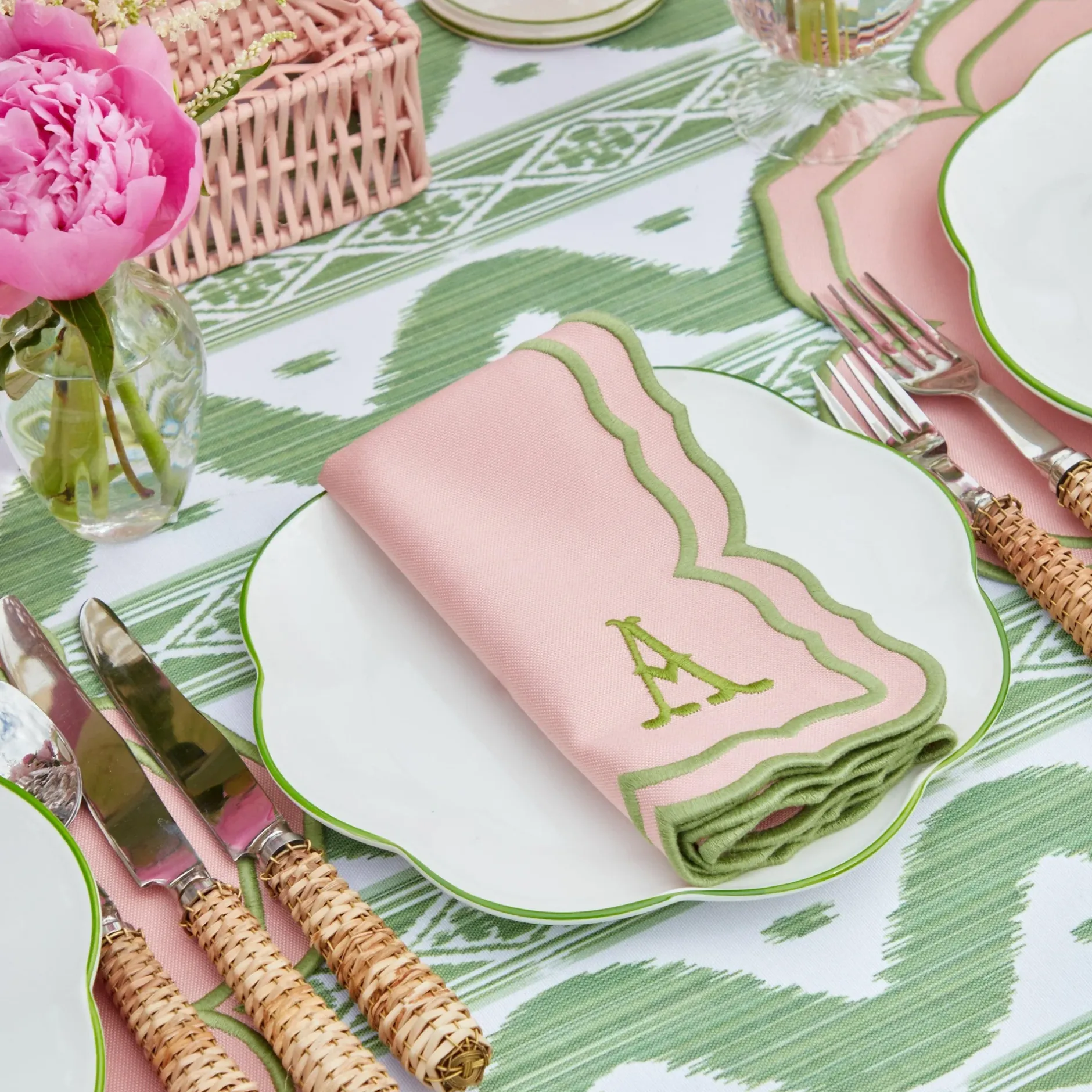 Sale Mrs. Alice Green Ikat & Pink Fleur Linen Set