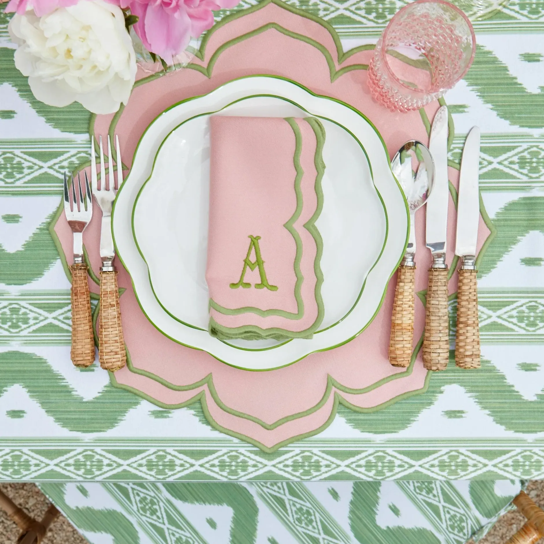 Sale Mrs. Alice Green Ikat & Pink Fleur Linen Set