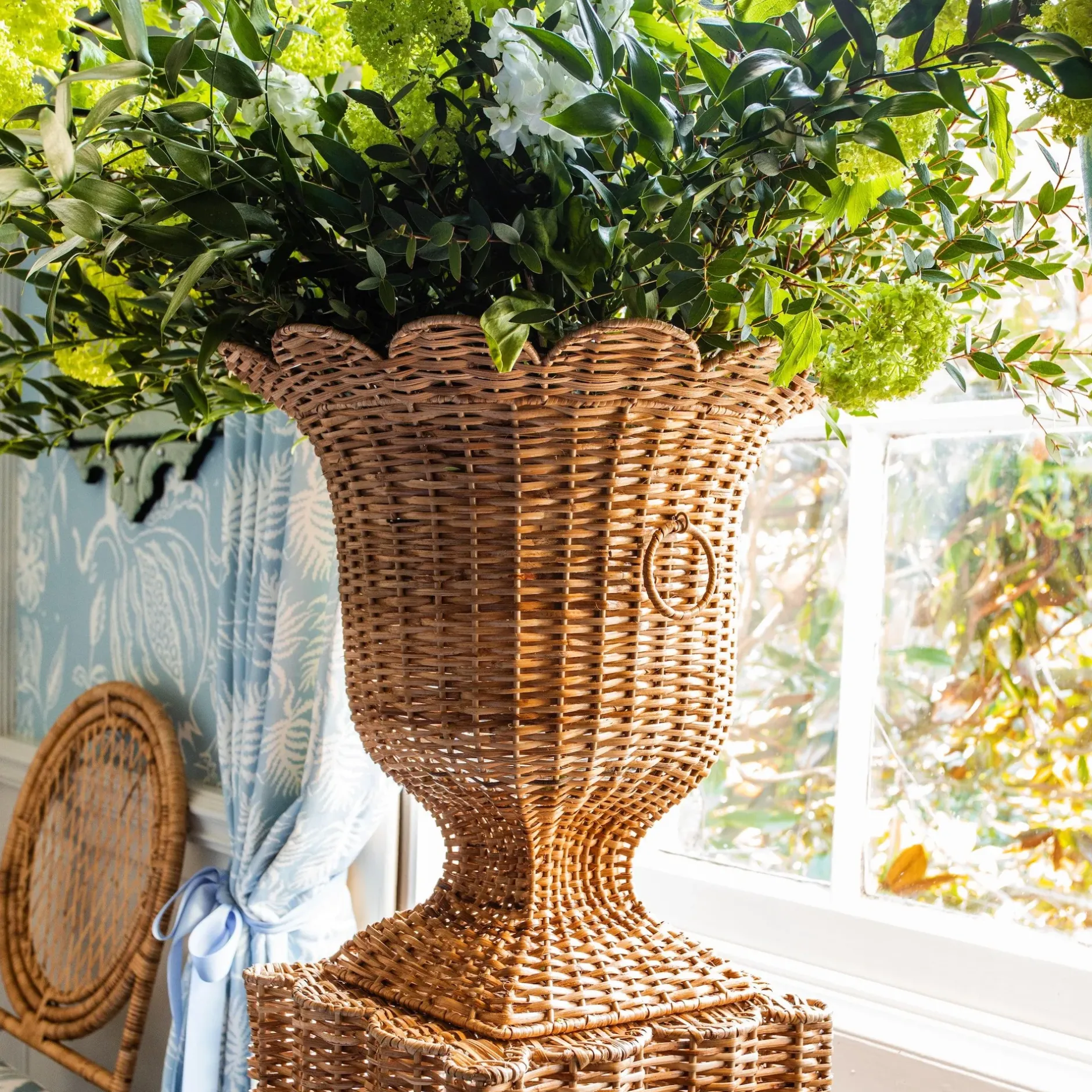 Clearance Mrs. Alice Liliana Scalloped Rattan Pedestal And Urn