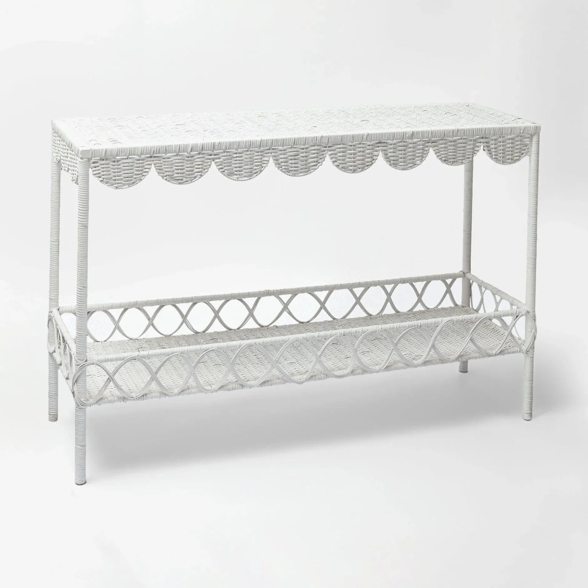 Mrs. Alice Madeleine White Rattan Scalloped Console Table