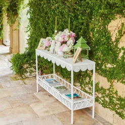 Mrs. Alice Madeleine White Rattan Scalloped Console Table