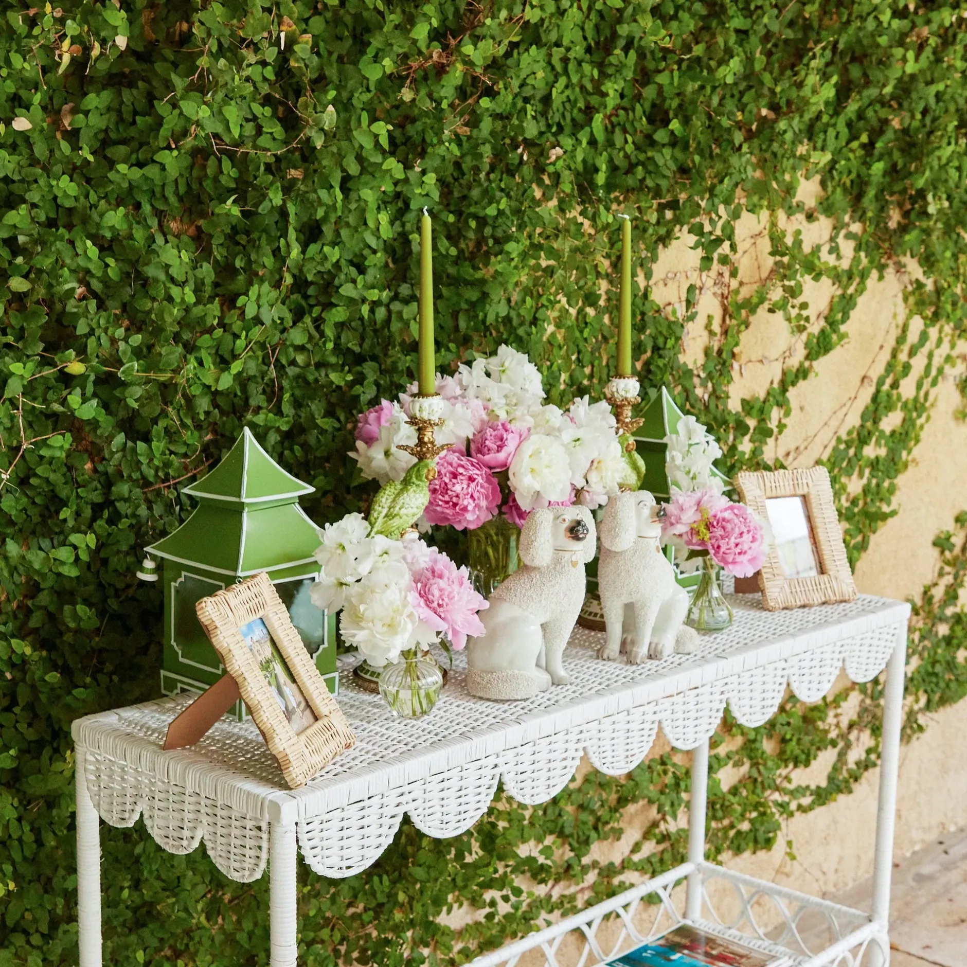 Mrs. Alice Madeleine White Rattan Scalloped Console Table