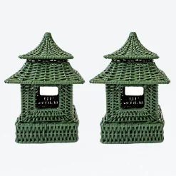 Clearance Mrs. Alice Mini Green Rattan Pagoda Lantern (Pair)