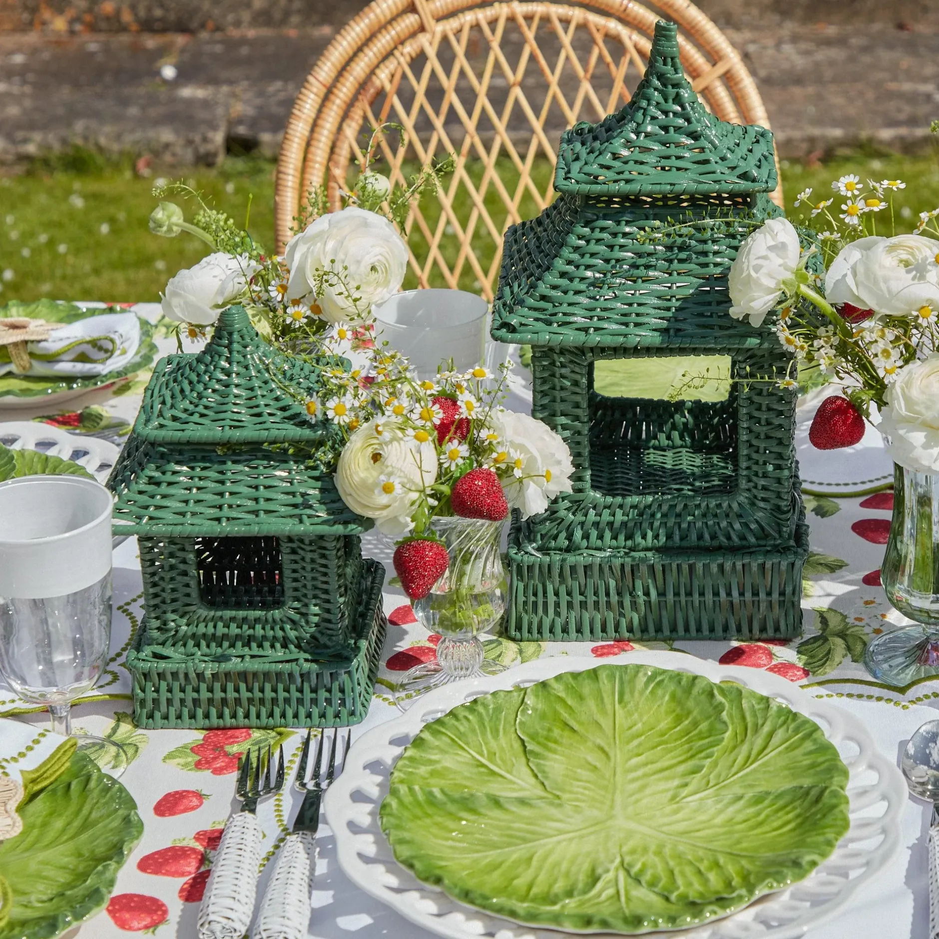 Clearance Mrs. Alice Mini Green Rattan Pagoda Lantern (Pair)