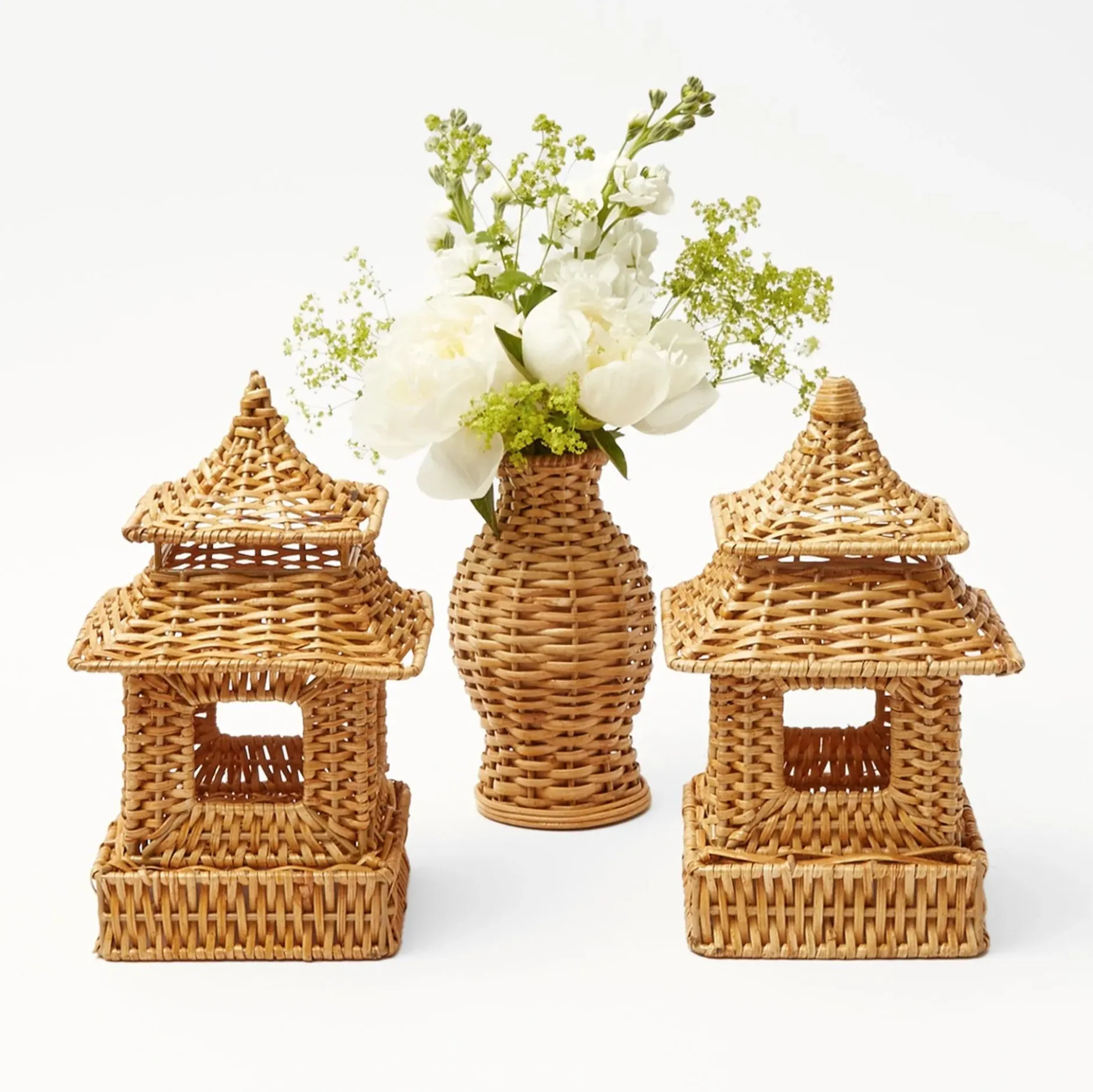 New Mrs. Alice Mini Natural Rattan Pagoda Lanterns (Pair)