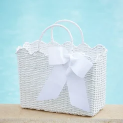 Sale Mrs. Alice White Rattan Tote Bag (White Bow)