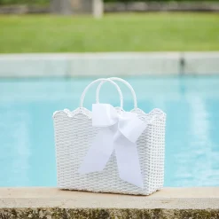 Sale Mrs. Alice White Rattan Tote Bag (Blue Bow)