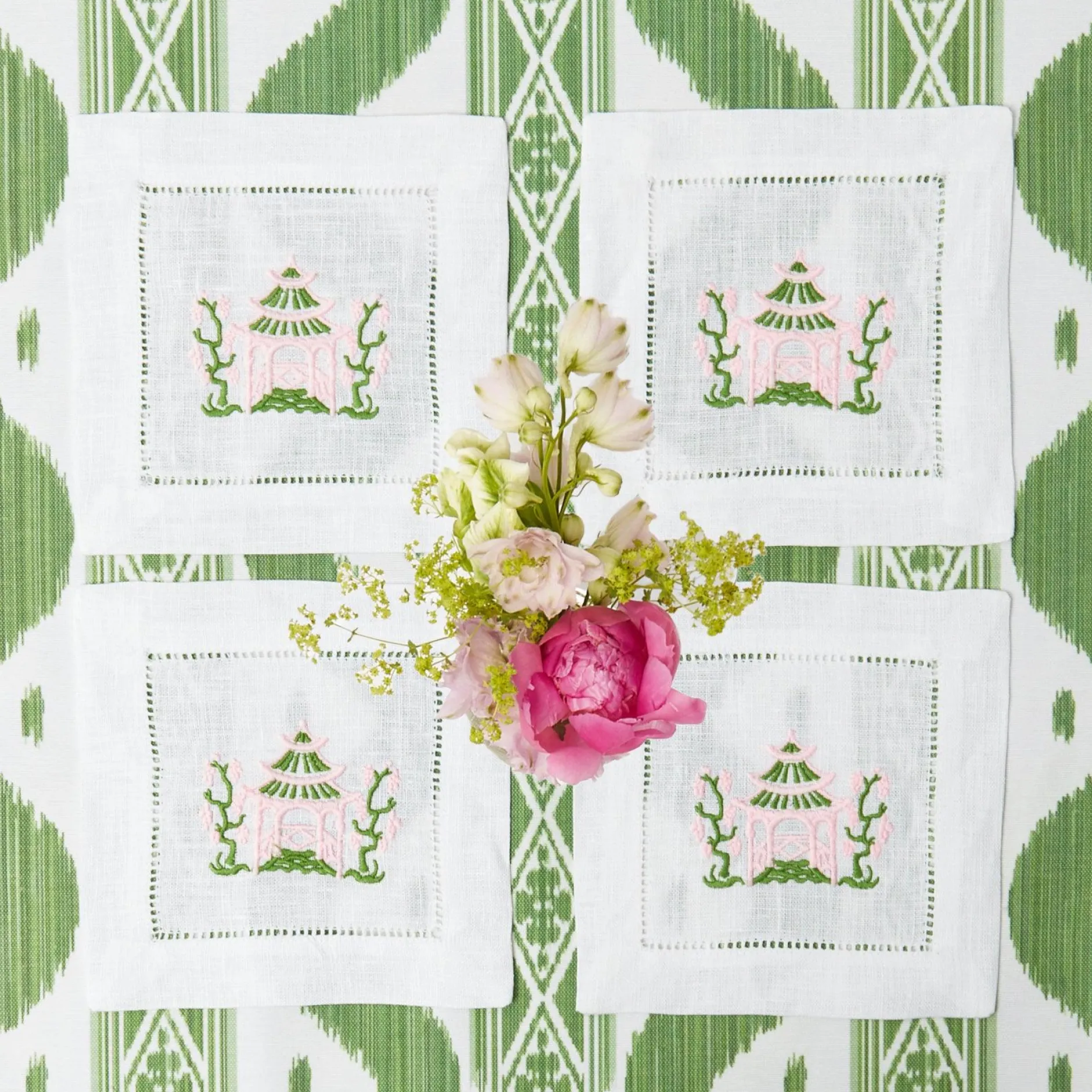 New Mrs. Alice Pink & Green Pagoda Cocktail Napkins (Set Of 4)