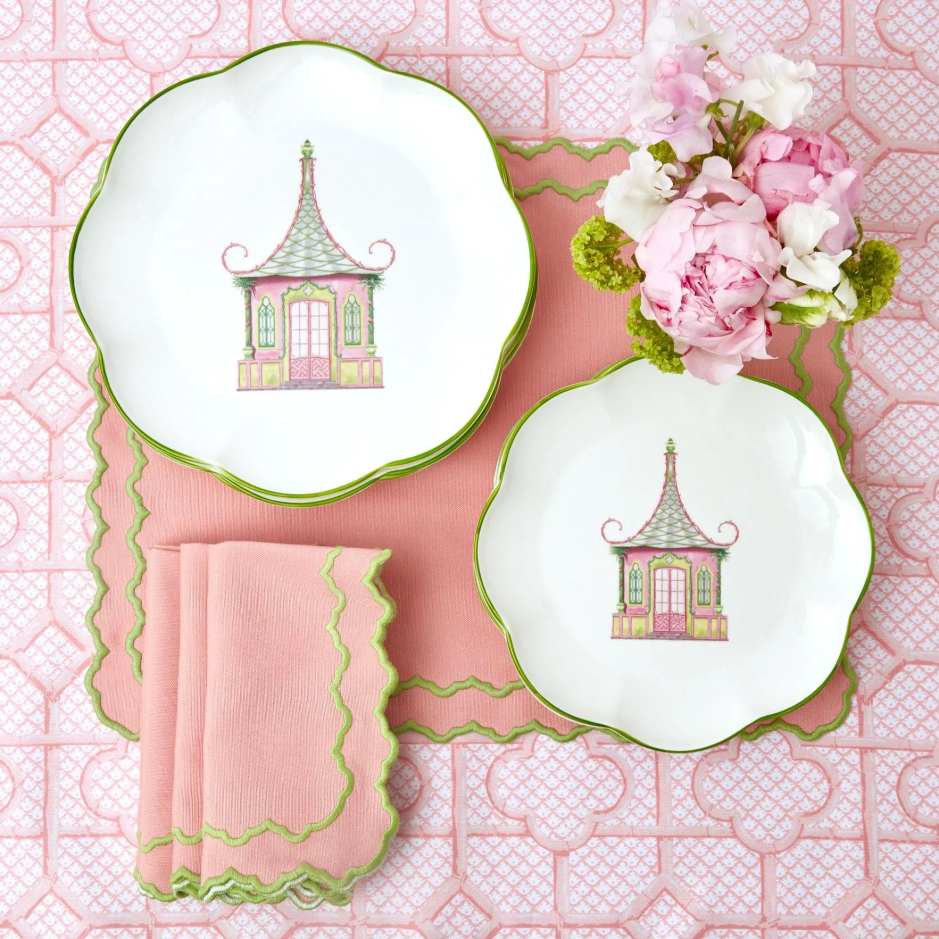 New Mrs. Alice Pink & Green Pagoda Dinner Plate (Set Of 4)