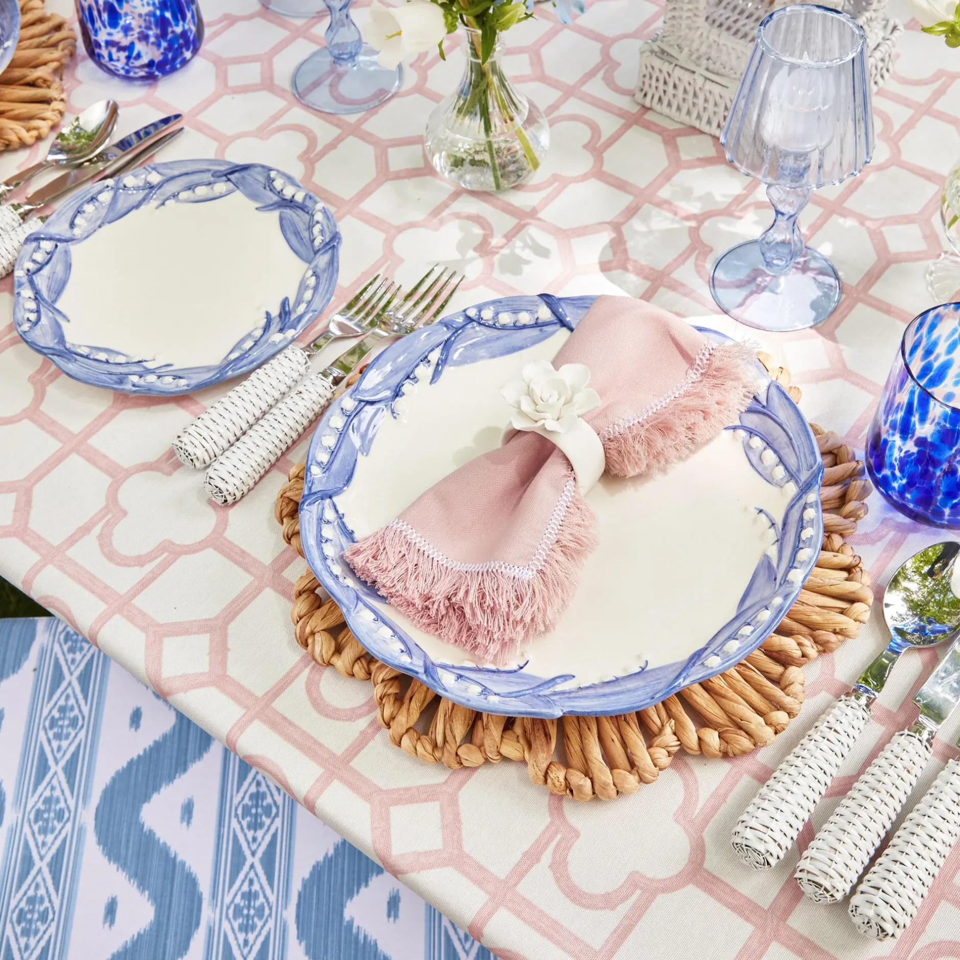 Clearance Mrs. Alice Pink Bamboo, Water Hyacinth & Pink Fringe Linen Set
