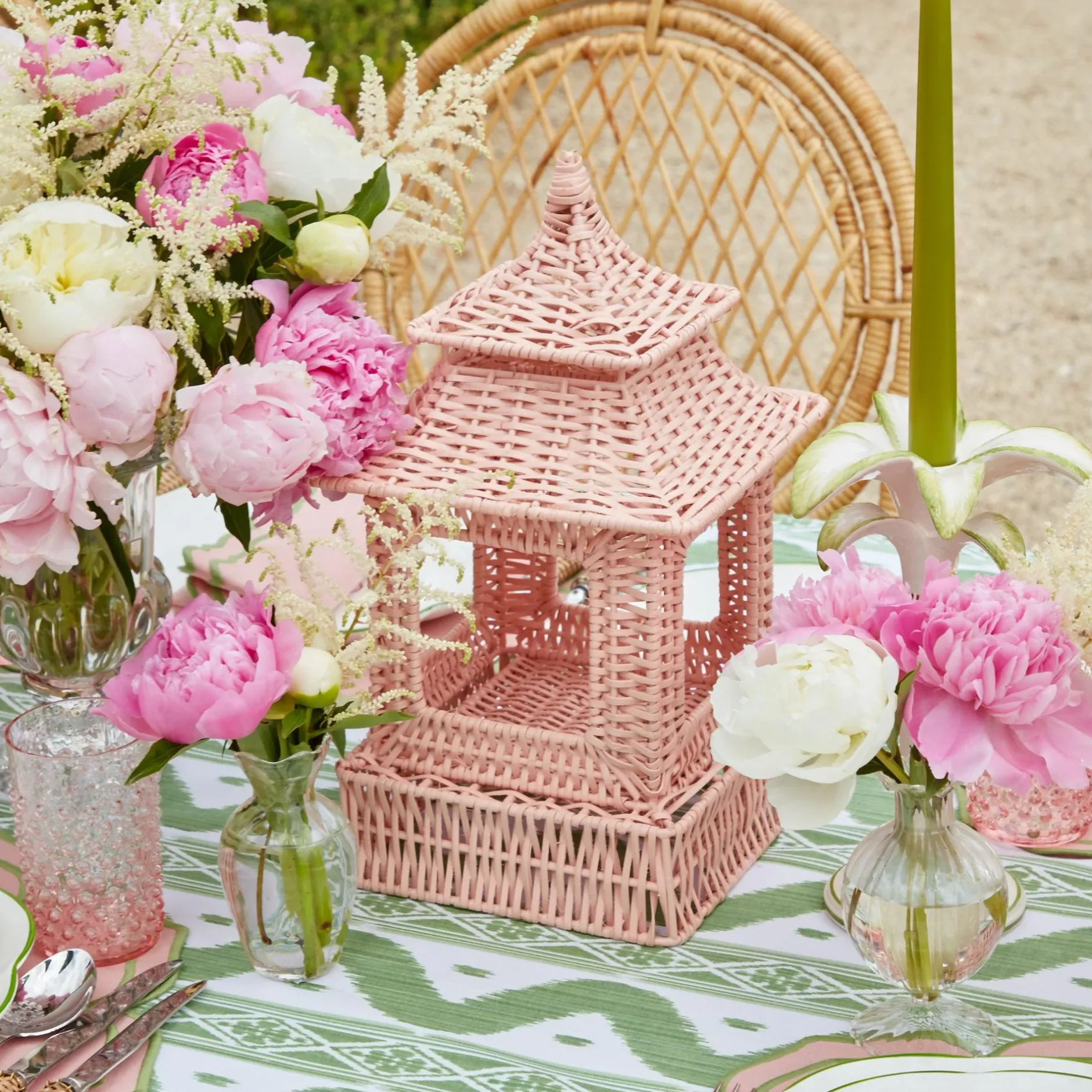 Outlet Mrs. Alice Pink Rattan Pagoda Lantern Set