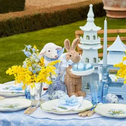 Hot Mrs. Alice Rattan Blue Ribboned Rabbit With Basket (Pair)