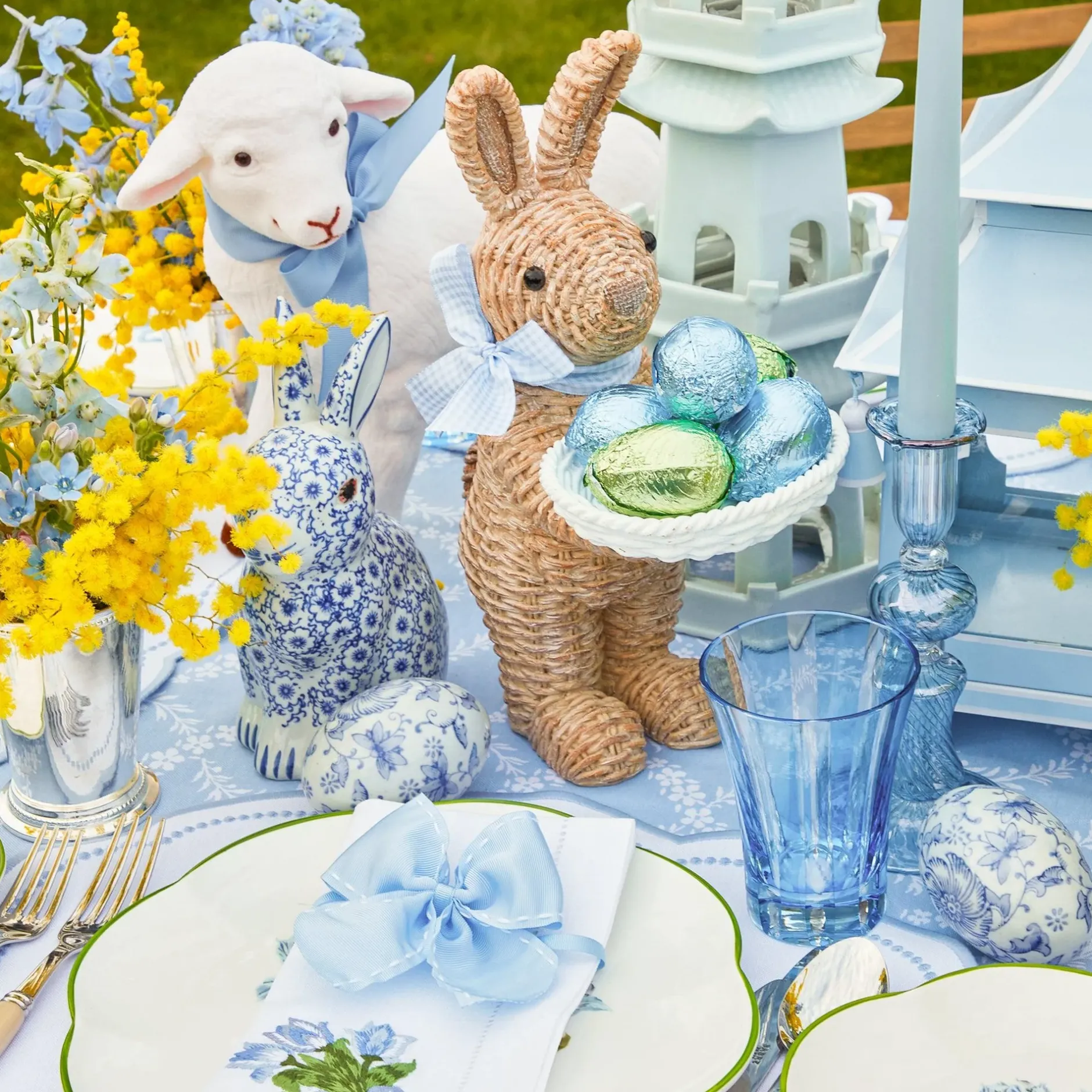 Hot Mrs. Alice Rattan Blue Ribboned Rabbit With Basket (Pair)