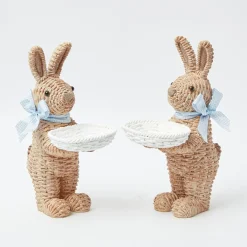 Hot Mrs. Alice Rattan Blue Ribboned Rabbit With Basket (Pair)