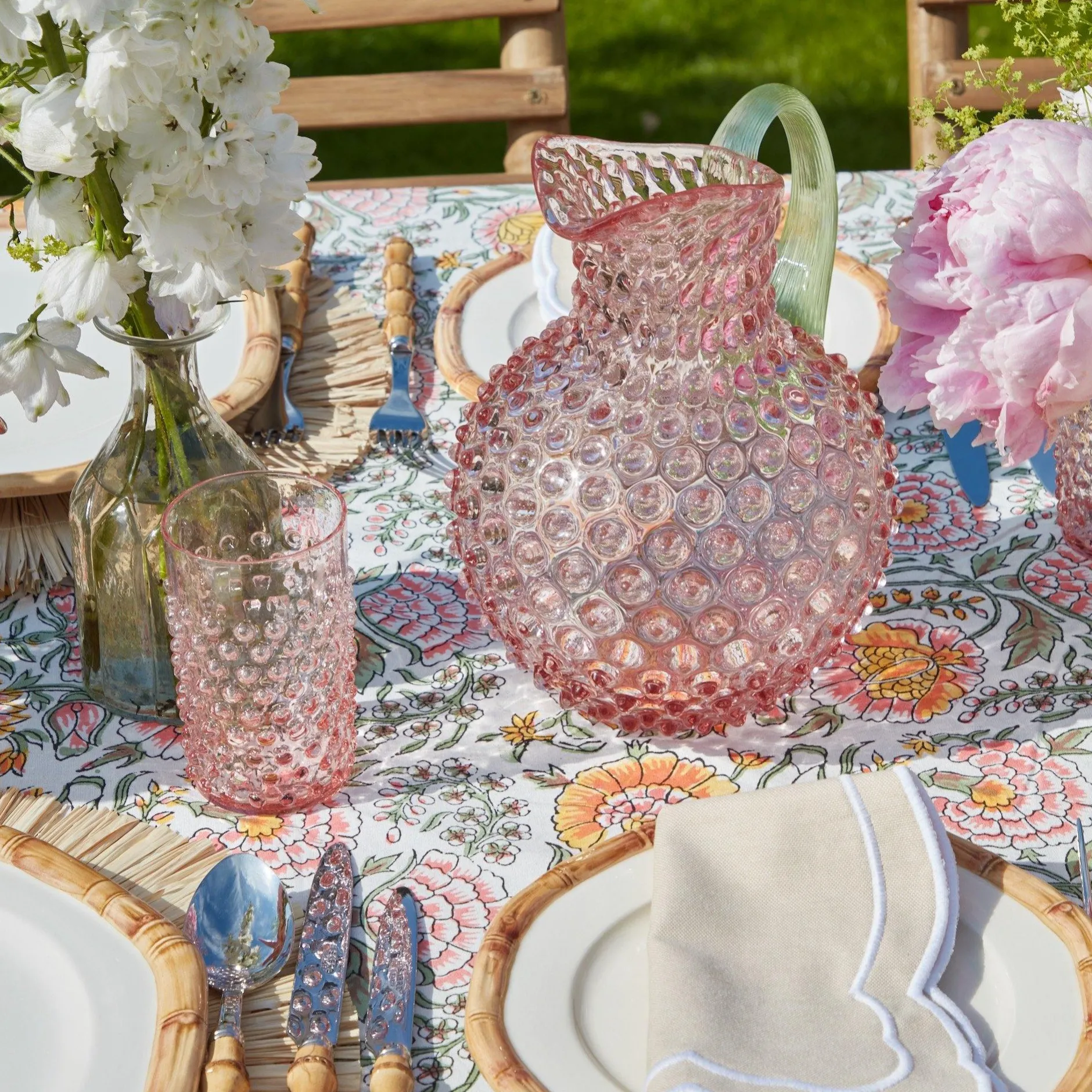 Outlet Mrs. Alice Rose Hobnail Jug With Emerald Handle & Glasses (Set Of 6)
