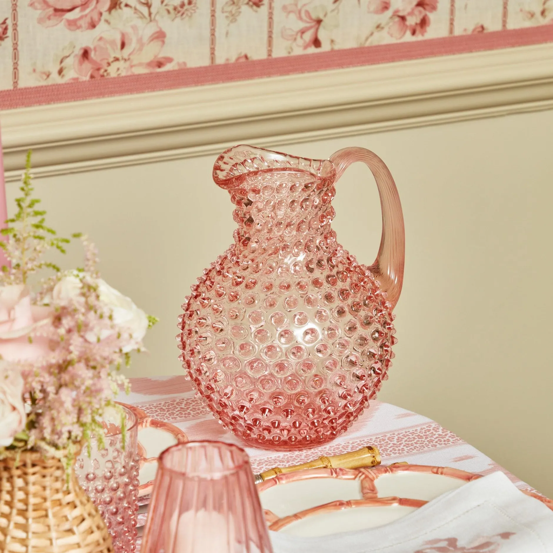 Mrs. Alice Rose Pink Hobnail Water Glasses & Jug Set