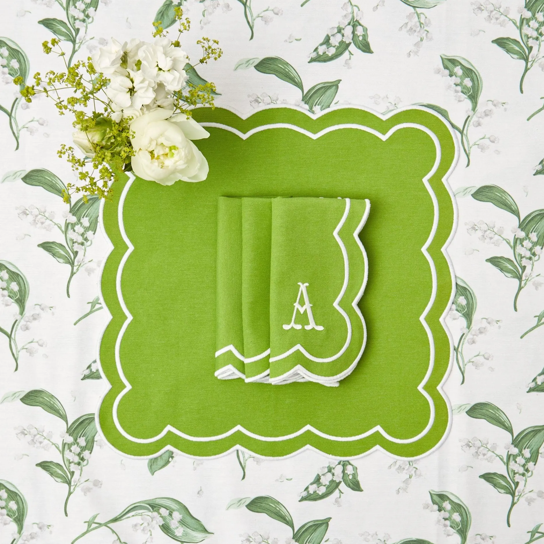 New Mrs. Alice Serena Applique Green Placemats & Napkins (Set Of 4)