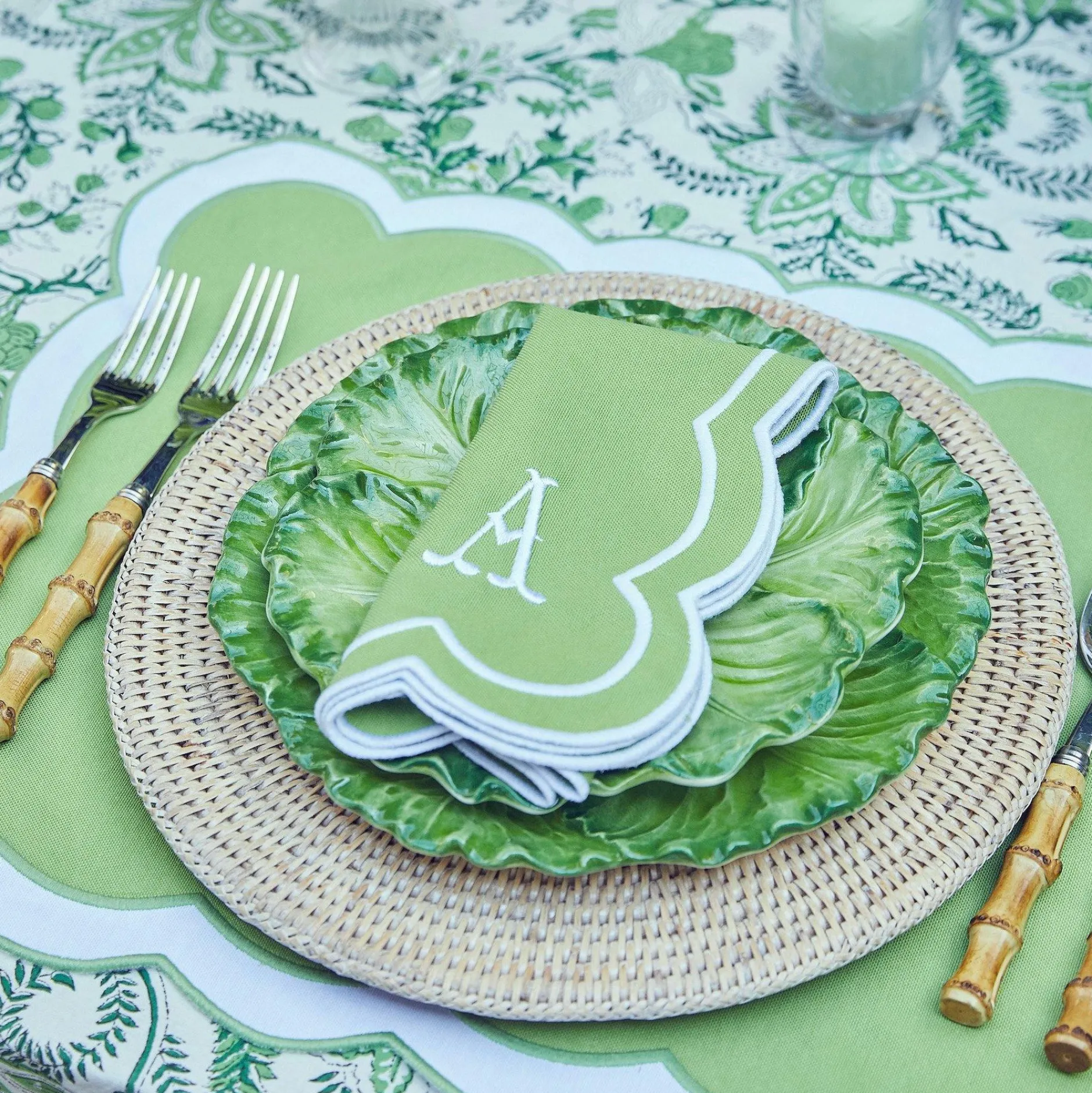 New Mrs. Alice Serena Applique Green Placemats & Napkins (Set Of 4)
