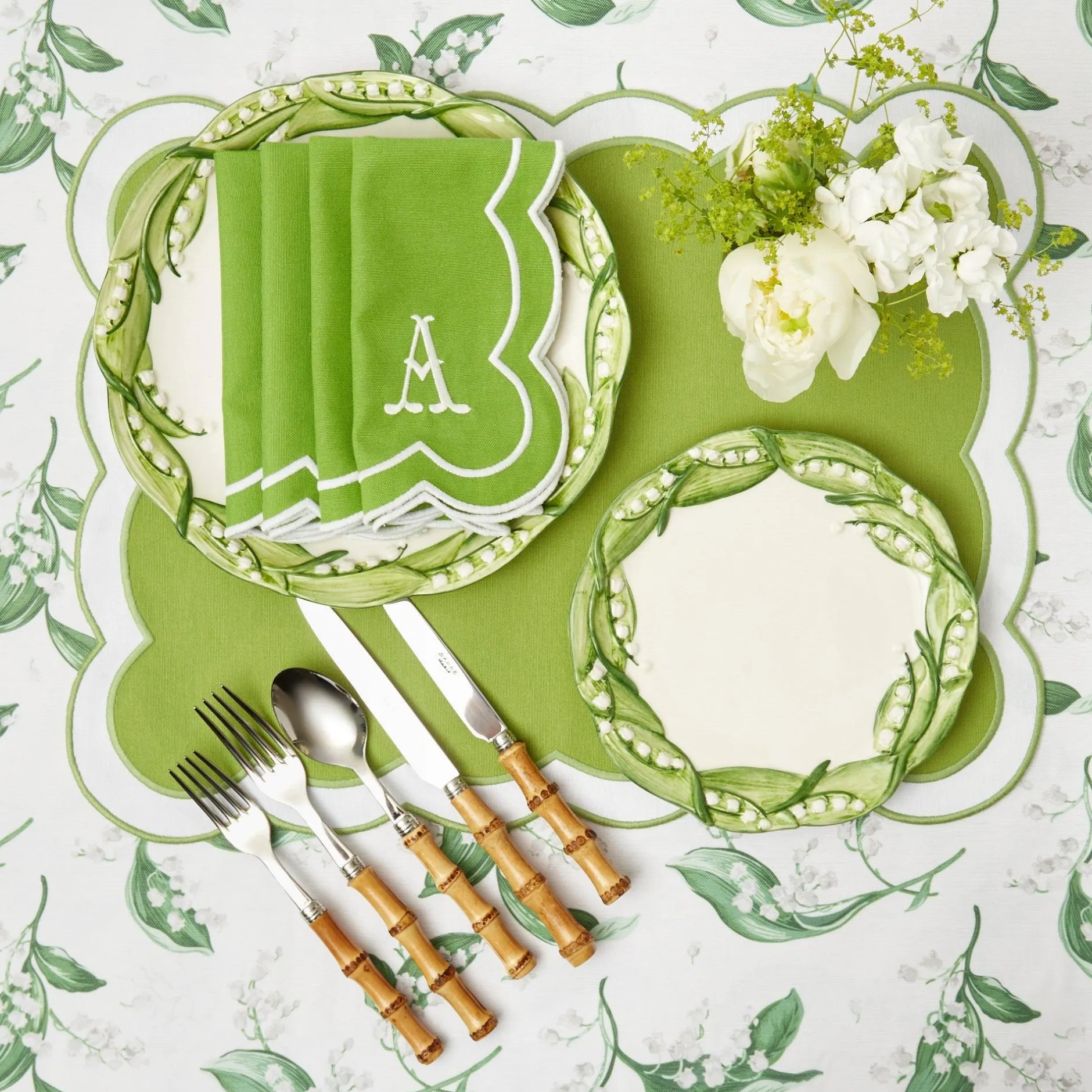 New Mrs. Alice Serena Applique Green Placemats & Napkins (Set Of 4)