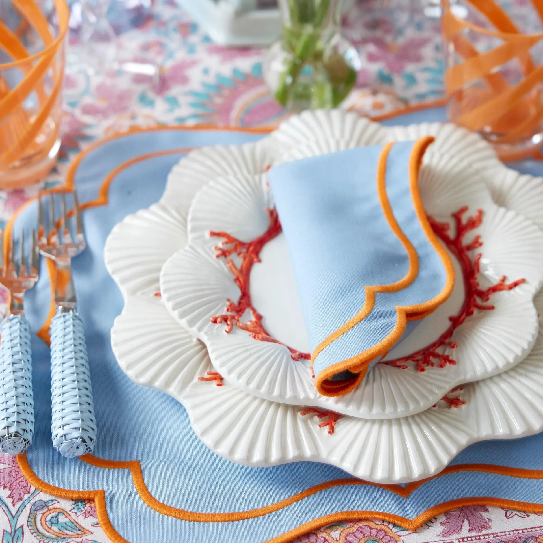 Outlet Mrs. Alice Sylvie Blue And Orange Placemats & Napkins (Set Of 4)