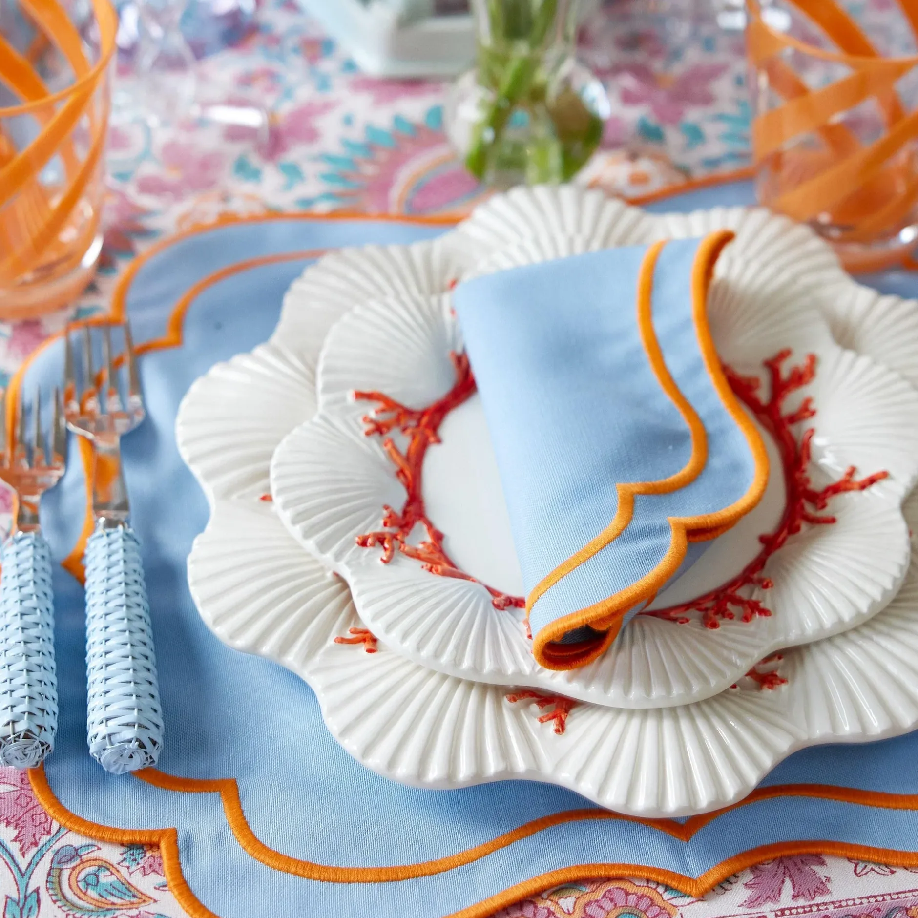 Outlet Mrs. Alice Sylvie Blue And Orange Placemats & Napkins (Set Of 4)