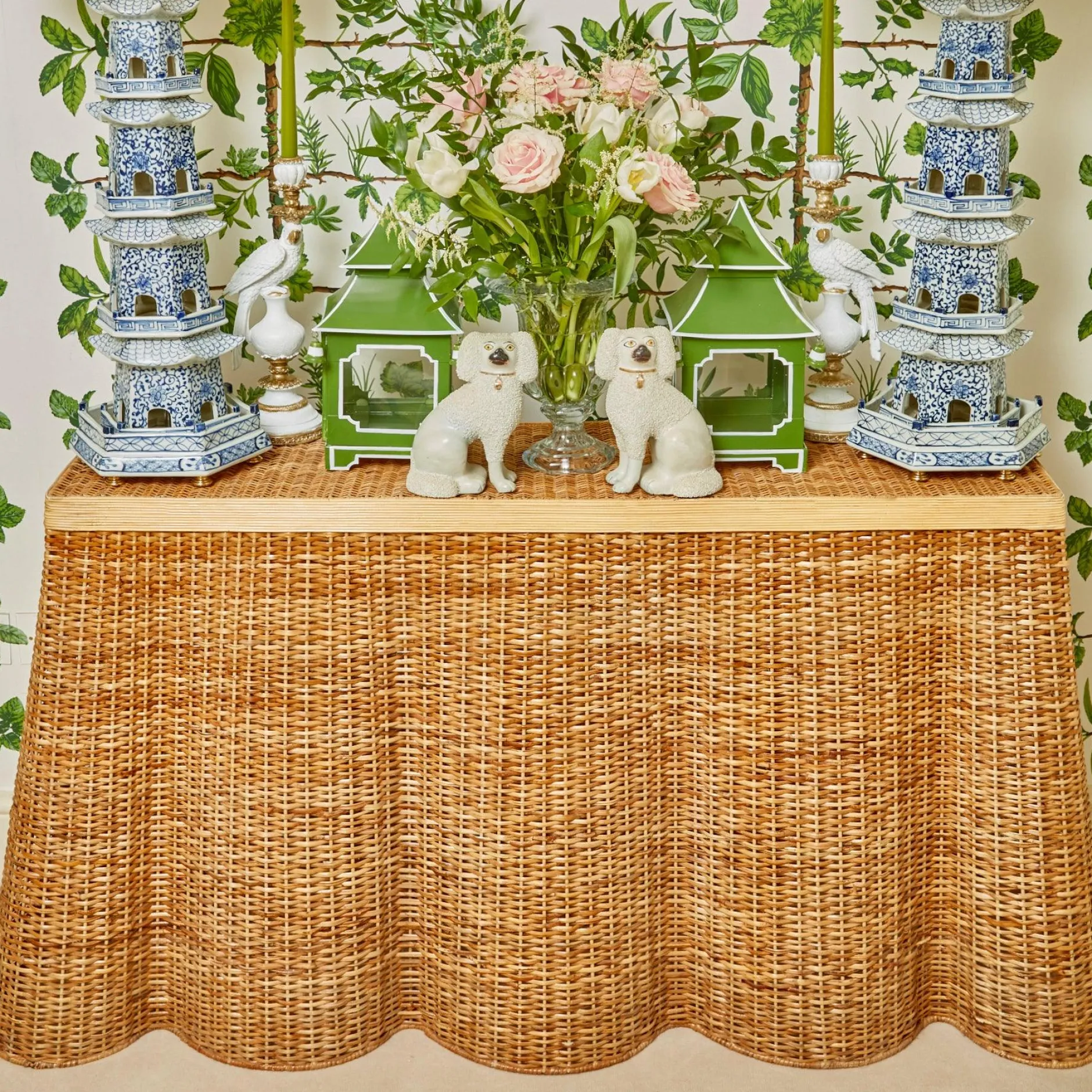 Online Mrs. Alice Vivienne Rattan Scalloped Console Table