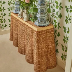 Online Mrs. Alice Vivienne Rattan Scalloped Console Table