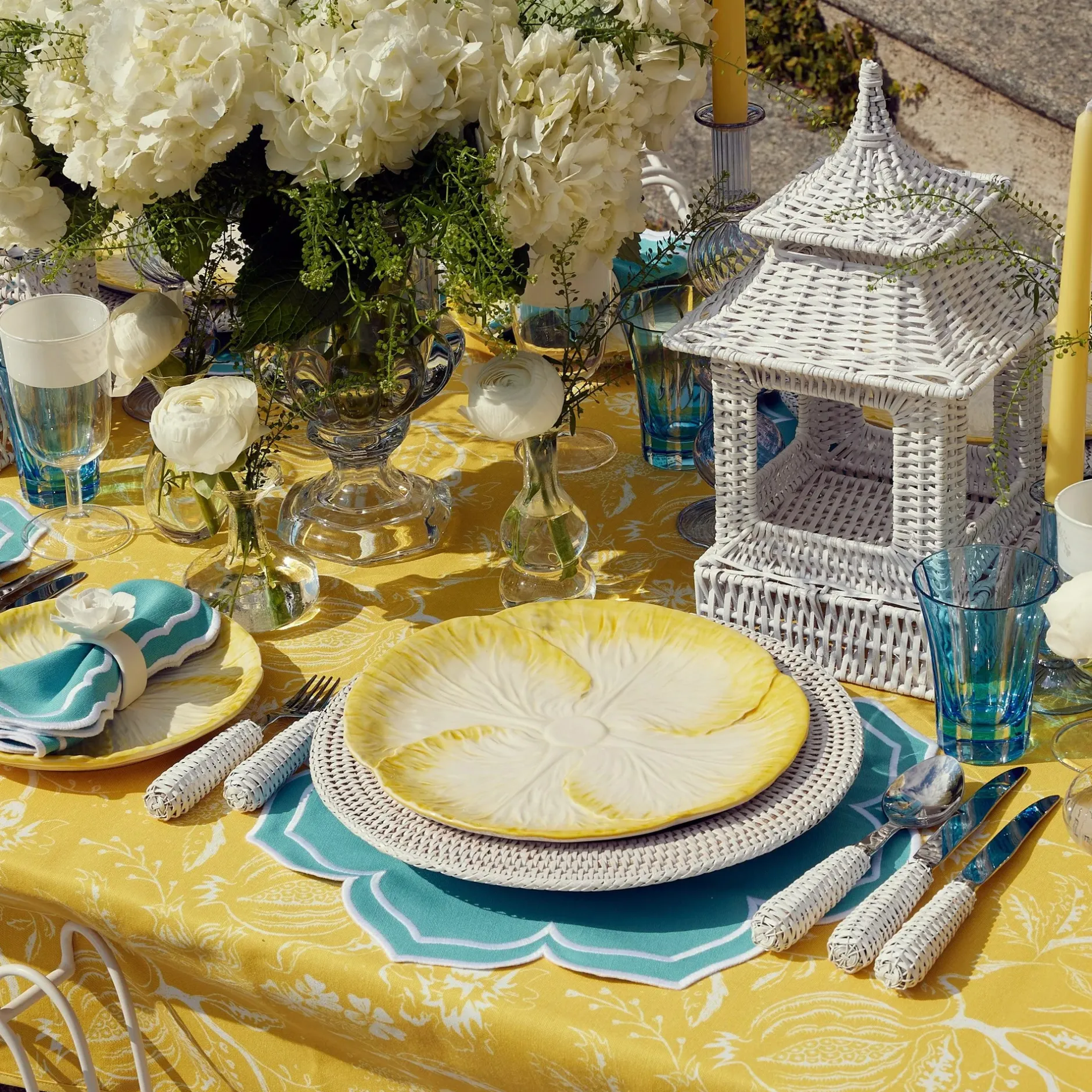 Outlet Mrs. Alice Yellow Melograno & Fleur Turquoise Linen Set
