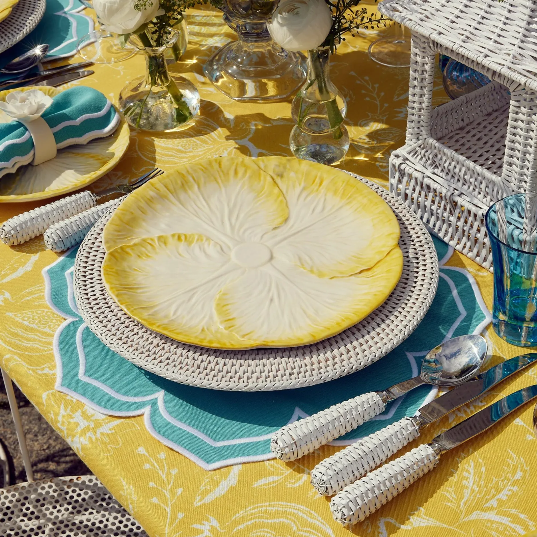 Outlet Mrs. Alice Yellow Melograno & Fleur Turquoise Linen Set