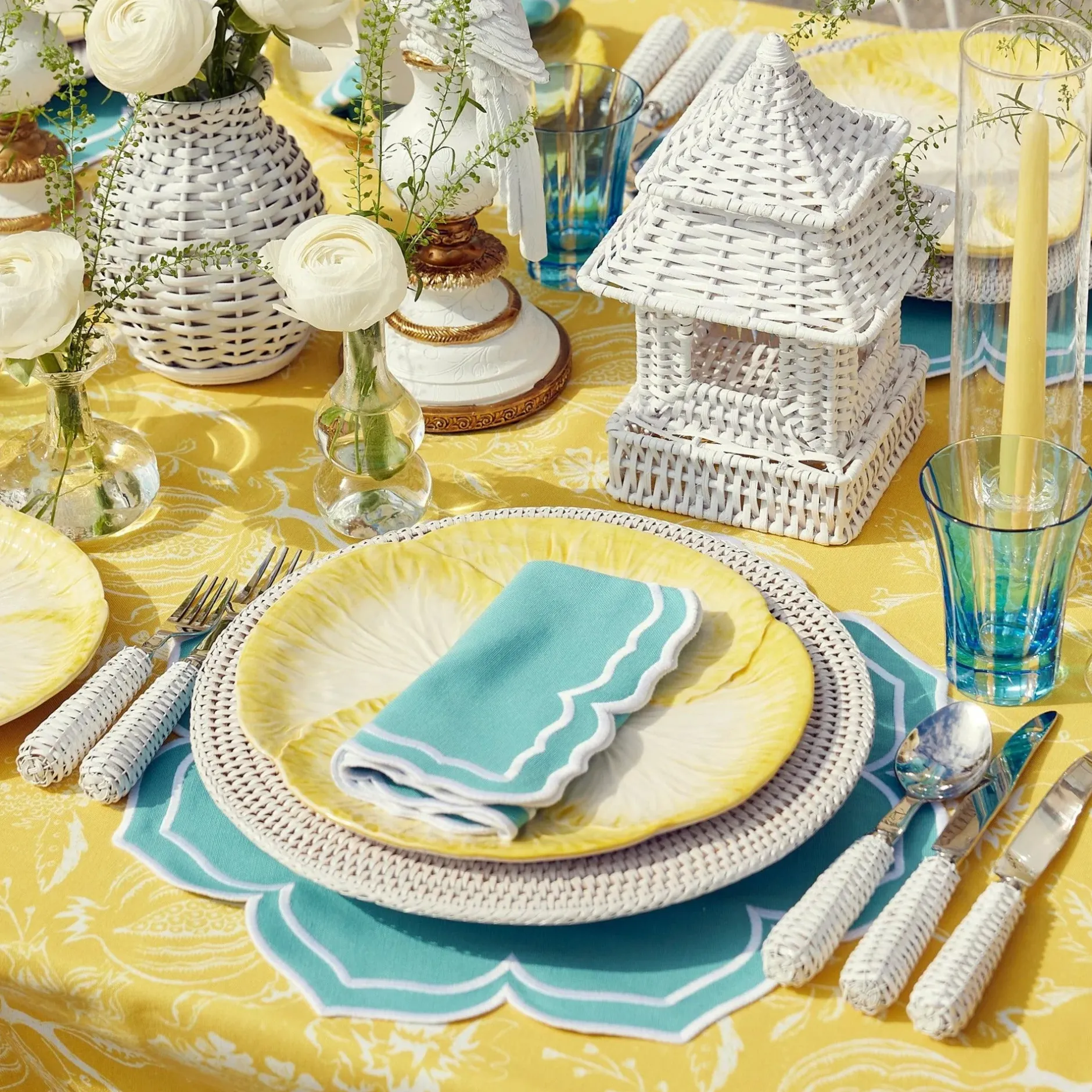 Outlet Mrs. Alice Yellow Melograno & Fleur Turquoise Linen Set
