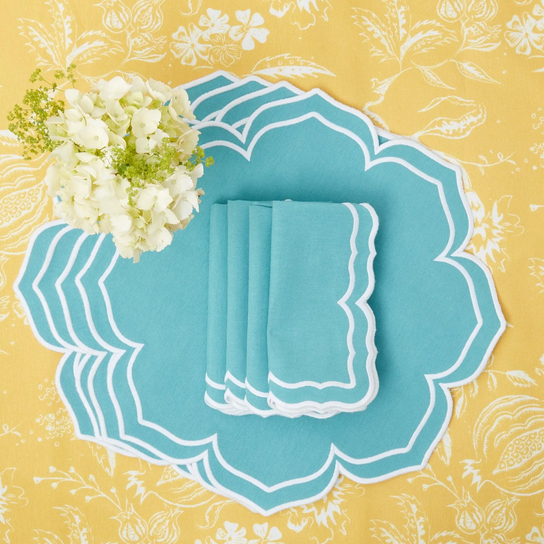 Outlet Mrs. Alice Yellow Melograno & Fleur Turquoise Linen Set